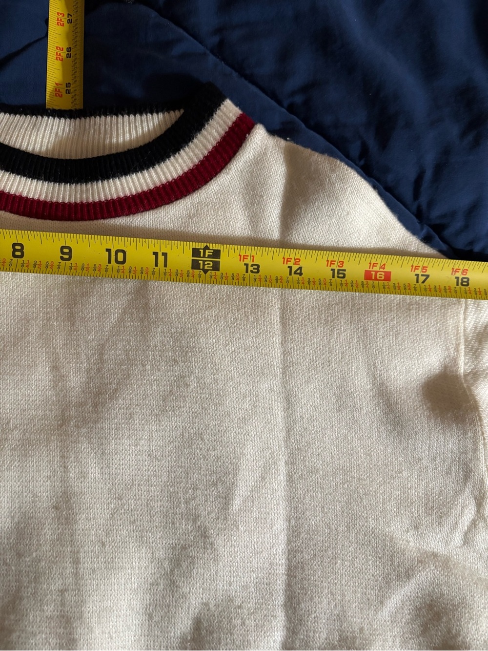 Puritan Cream Sweater with Bowling Red and Blue Strips Edge - Picture 11 of 16